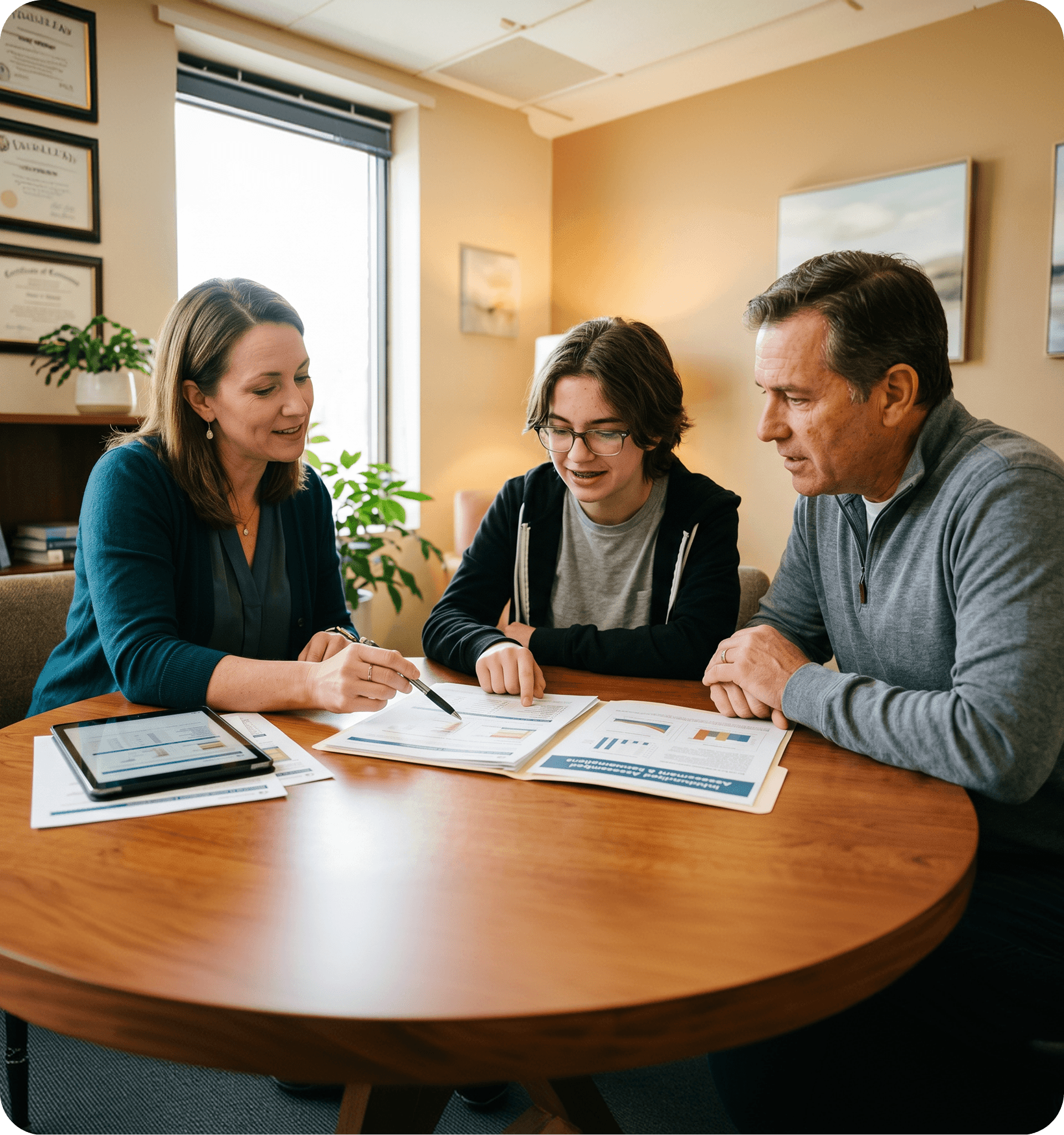 A therapist meeting with a student and their family