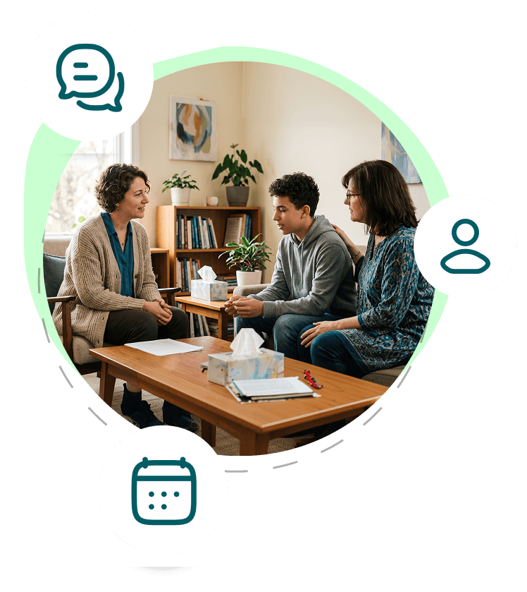 A counselor talking with parents at home