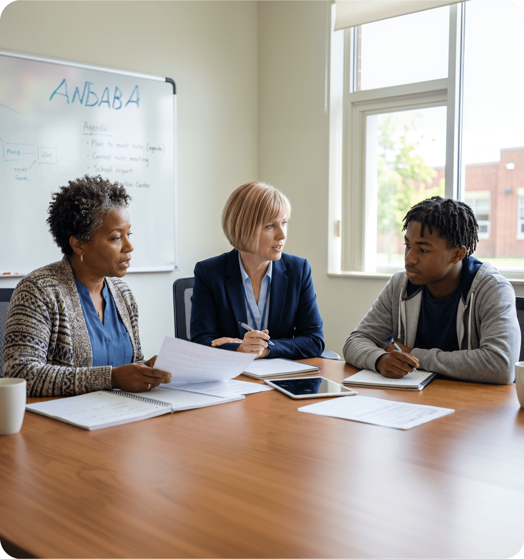 A therapist meeting with a student and their family