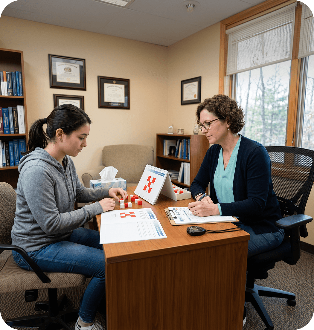 A therapist talking with a student in a counselling room