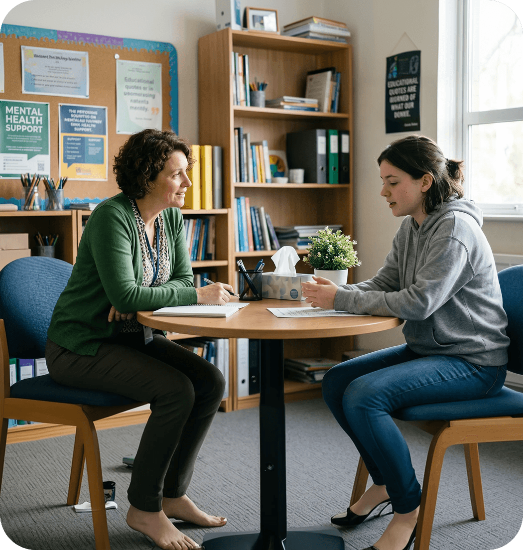 A therapist talking with a student in a counselling room