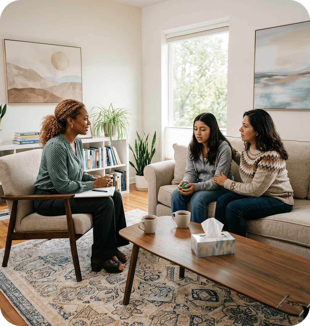 A therapist talking with a student in a counselling room