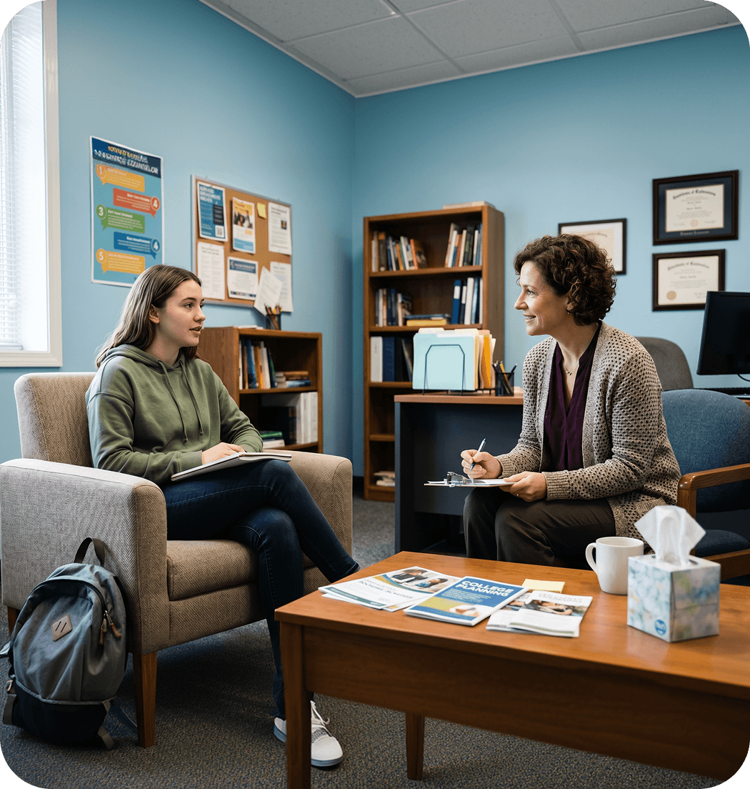 A therapist talking with a student in a counselling room