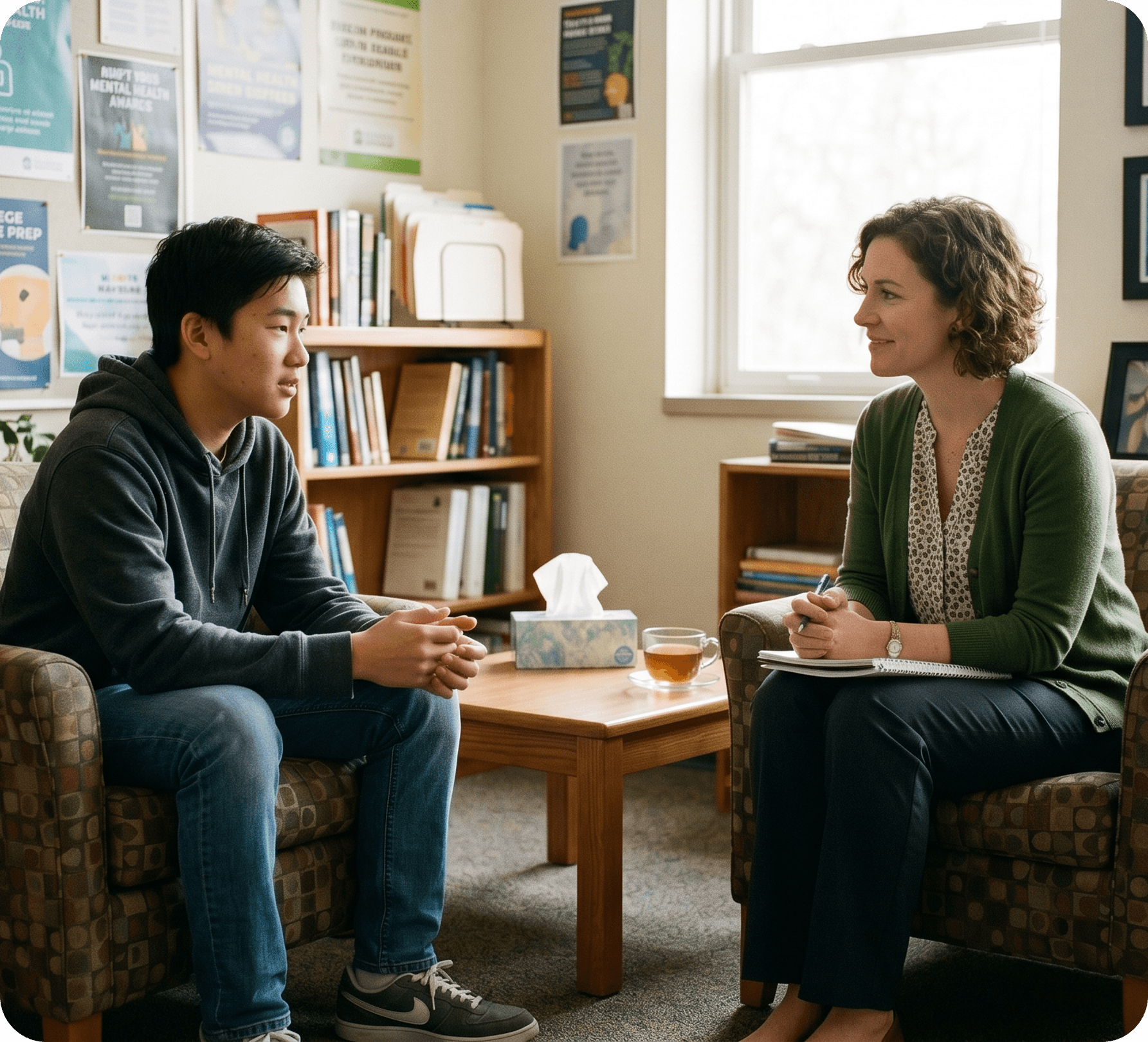 A therapist talking with a teenage student in a counselling room